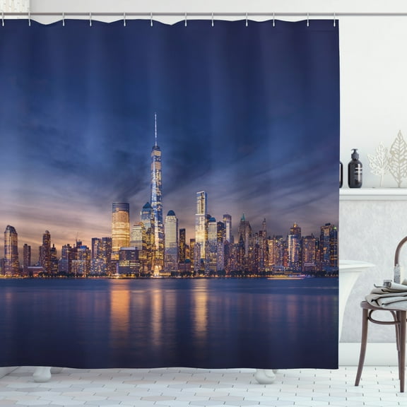Ambesonne City Shower Curtain, New York Skyline Evening, 69"Wx84"L, Navy Blue Peach