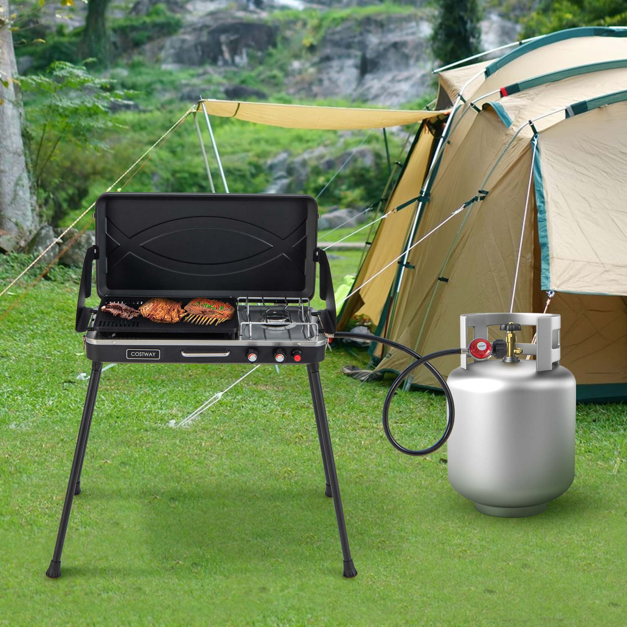 Costway 2 in 1 Propane 2 Burner Camping Stove with Removable Legs