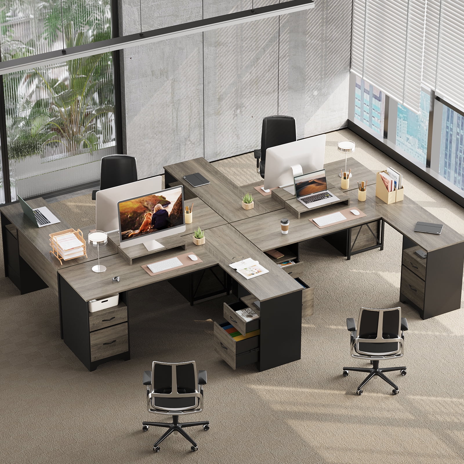 Bestier L Shaped Desk with 4 Drawers, 63" x 47" Executive Office Desk with Monitor Stand, Gray