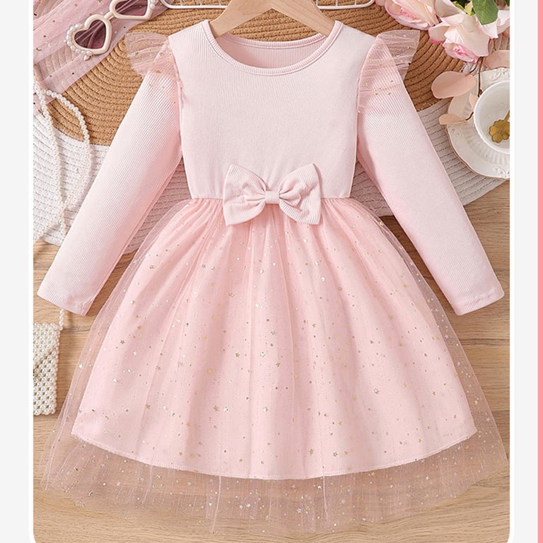 LWNYDPLSD Pink Princess Dress Pink for Girls Christmas Gowns for Dress Tulle Dress Long Sleeve Wedding Dress Gymnastics Clothes, Pink 12-18 Months
