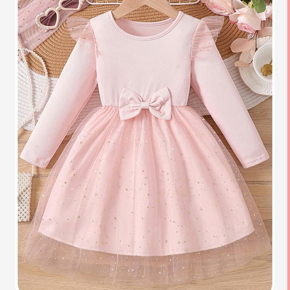 Girls Velvet and Tulle Dress, Long Sleeve Round Neck Princess Dress with Bow Waist, Kids Flower Girl Dress for Wedding, Birthday Party and Special Occasions Pink 100