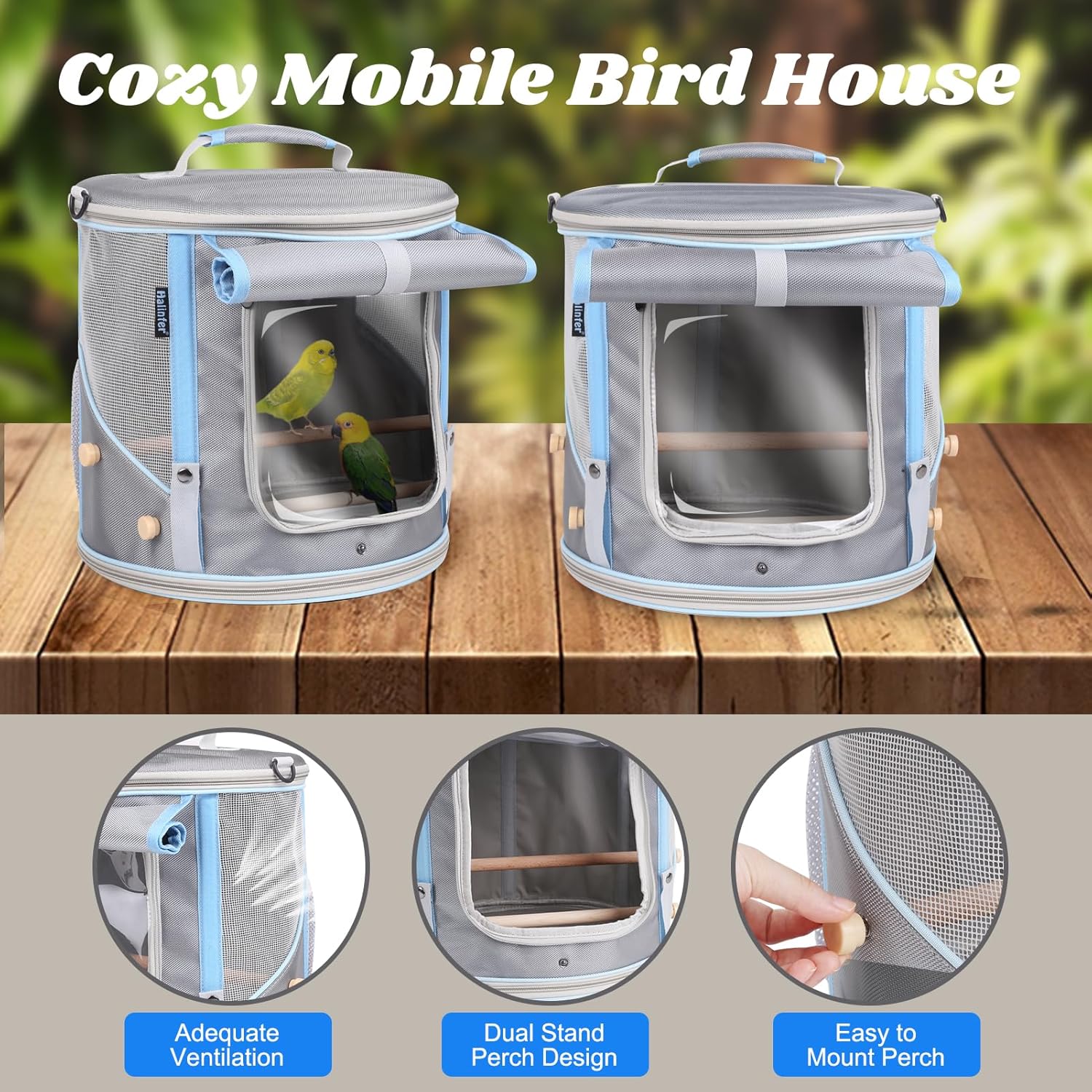 Small to Medium Birds Carrier Cage, Portable Handle Cylindrical Bird House with Metal Tray and Two (2) Wooden Stand Perch, Front Shade with Clear View