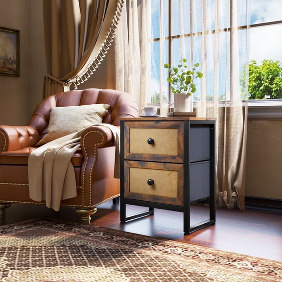 Dextrus Rattan Nightstand with 2 Drawers, Rustic Brown