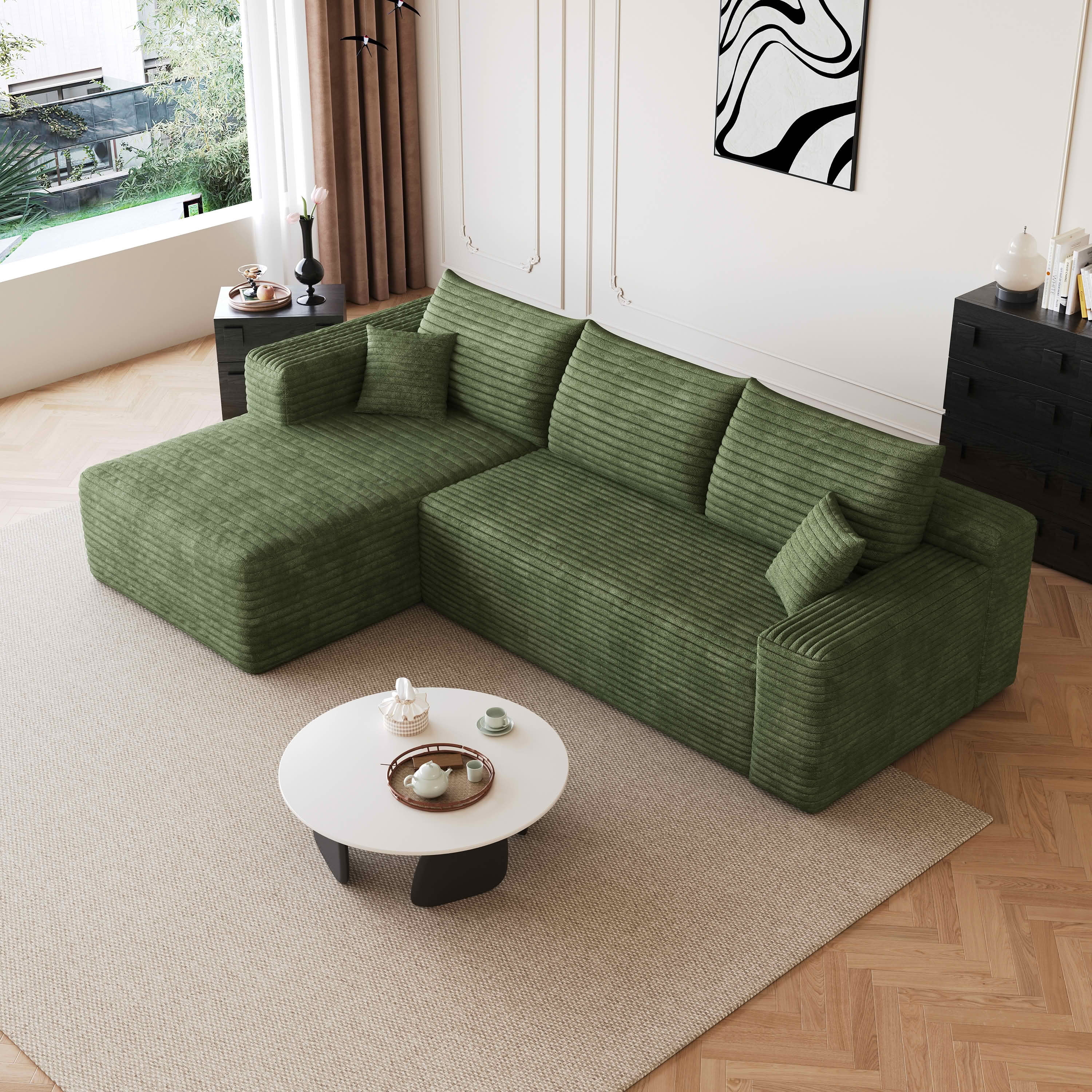 MAYEERTY 95" Cloud Sectional Sofa, U-Shaped Corduroy Upholstered Deep Seat Couch, No Assembly for Living Room, Green