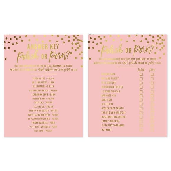 Andaz Press Blush Pink and Metallic Gold Confetti Polka Dots Bachelorette Party Bridal Shower Collection, Polish or Porn Game Cards, 20-Pack