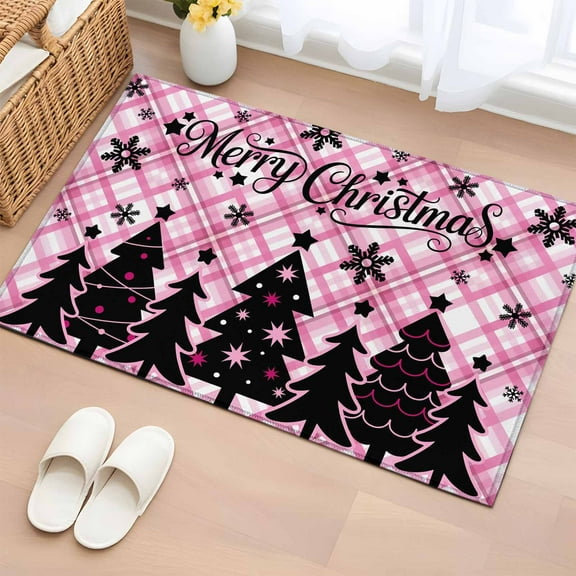 Pink Christmas Bathroom Rug Washable 2x3 Entryway Rug Non Slip Black Xmas Tree Farmhouse Plaid Snowflakes Front Door Mat Low Pile Indoor Doormat Throw Floor Carpet for Kitchen Bedroom Entrance
