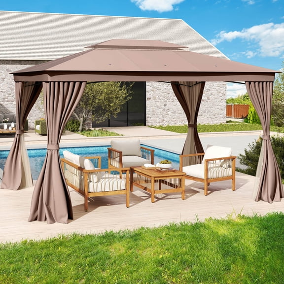 Costway 10 X 13 FT Patio Gazebo, Outdoor Double-Roof Canopy Tent with Mesh Netting Coffee