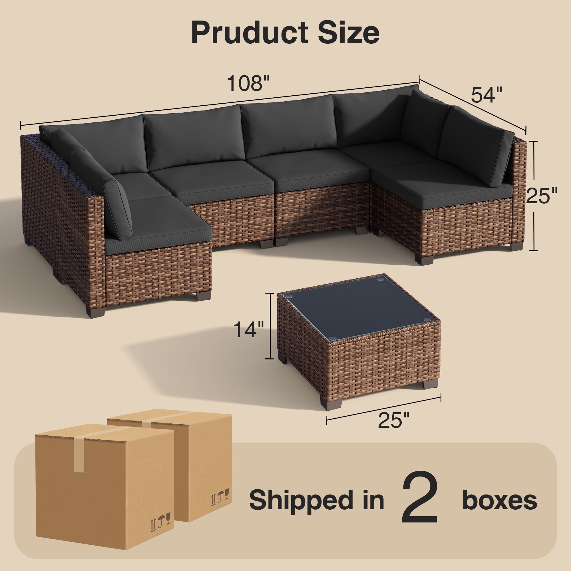 Noelse 7 Pieces Outdoor Patio Furniture Set, Wicker Sectional Sofa Set Sectional Conversation Sets with Cushions and Coffee Table for Garden, Balcony, Porch, Black