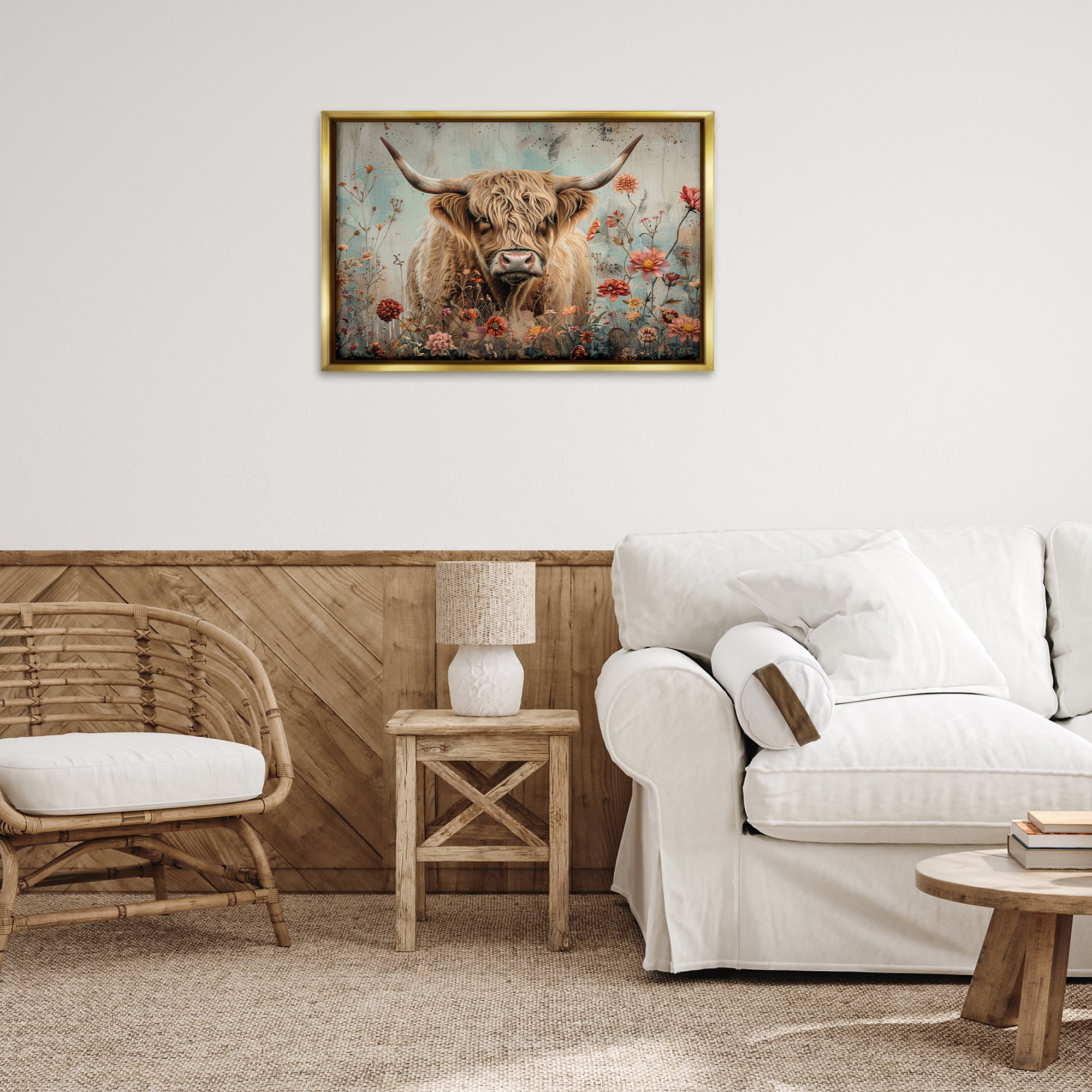 Stupell Industries Spring Blooms Highland Cow Animals Painting Gold Floater Framed Canvas Art Print Wall Art, 31 x 21