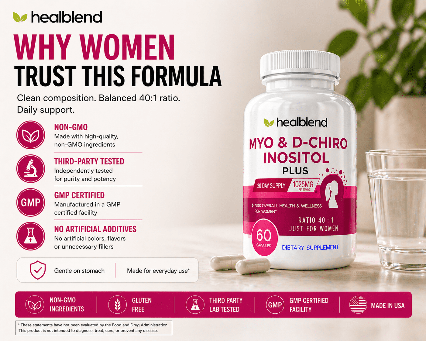 Healblend Myo Inositol & D-Chiro Inositol Plus Supplement - Support Hormonal Balance, Fertility & Healthy Ovarian Function for Women - 60 Capsules