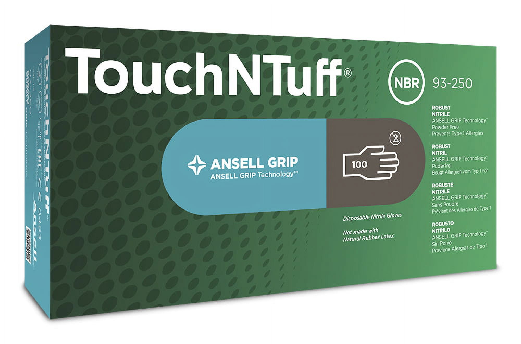 TouchNTuff 93-250 Nitrile Gloves - Disposable, Non-Latex, Grip, Gray, Size  Medium (pack of 100)