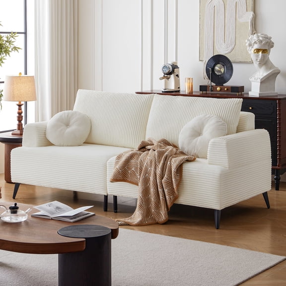 82.8"W White Corduroy Sofa with Square Arms, Modern Sectional Upholstered Deep Seat 3-Seater Couch Loveseat with Comfy Cushion and Round Pillow for Living Room, Bedroom and Office