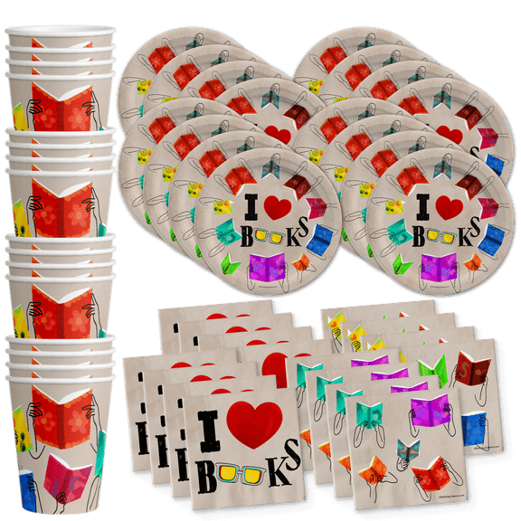 Books Book Club Birthday Party Supplies Set Plates Napkins Cups Tableware Kit for 16