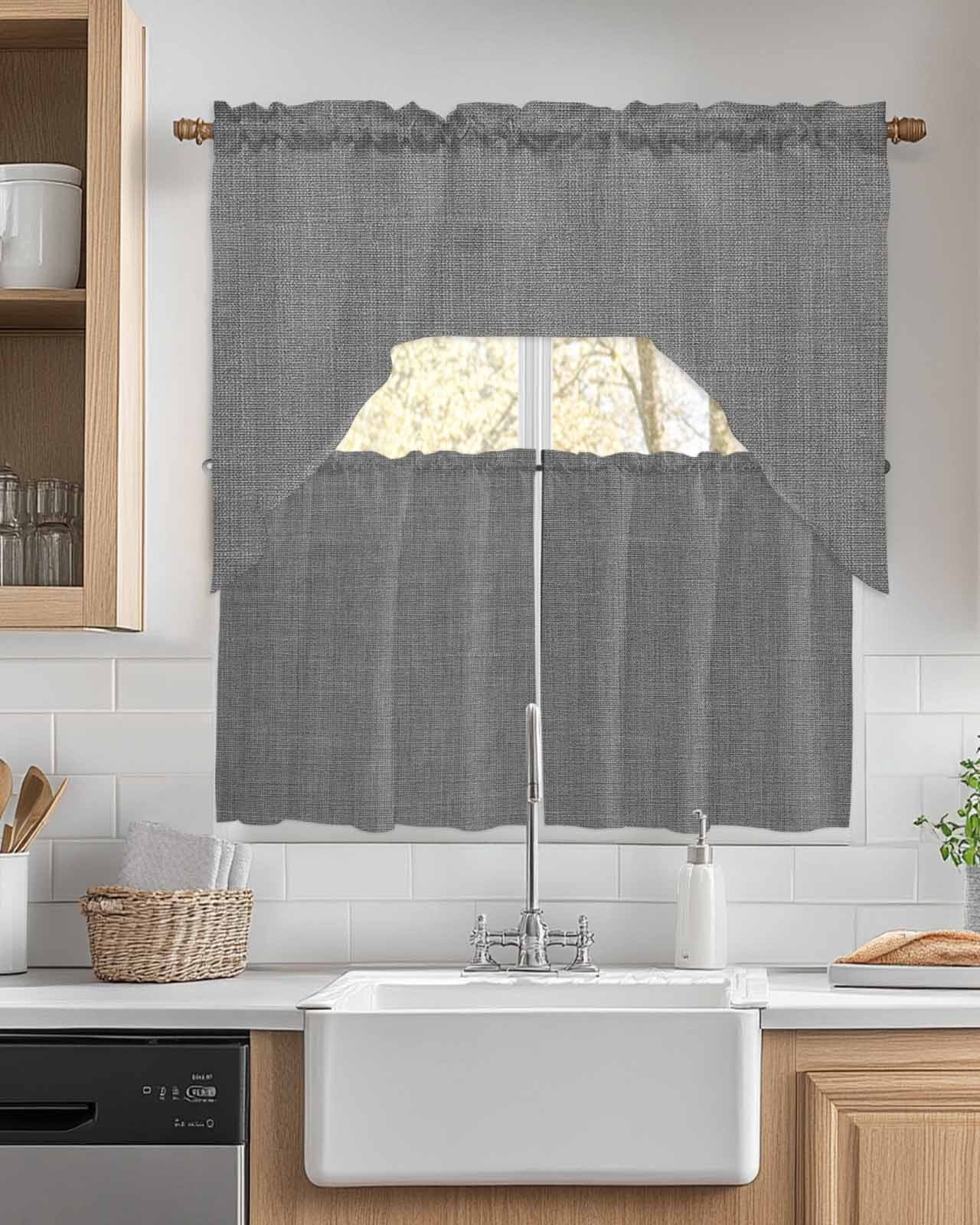Vintage Dark Gray Kitchen Curtains Swag Valance and Tier Curtains Set 24 Inch Length, Farmhouse Retro Solid Color Linen Texture Rod Pocket Drape Panels Pair Swag Curtains for Bathroom/Cafe/Window