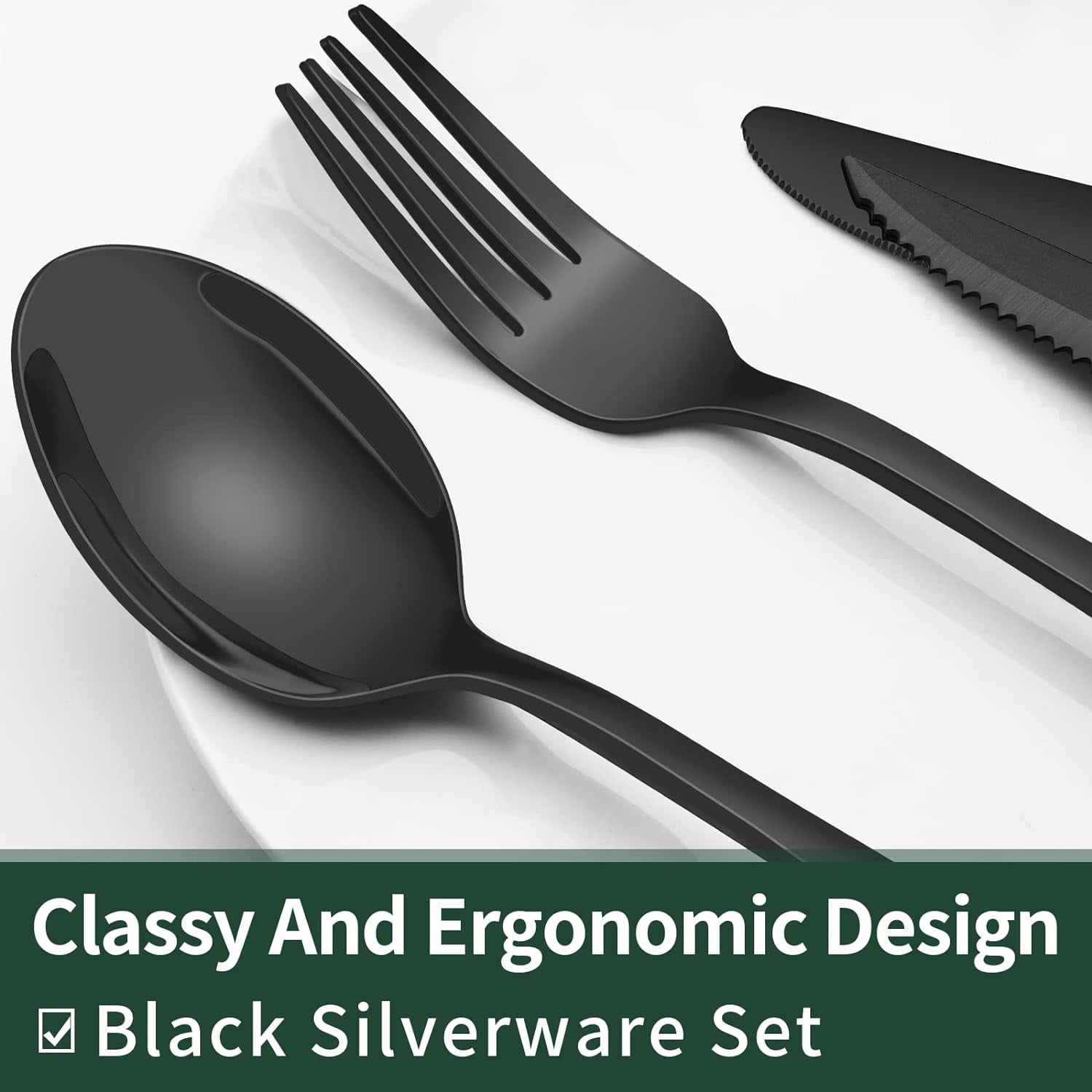 24-Pieces Black Silverware Set with Steak Knives, AOKIWO Black Flatware Set for 4, Food-Grade Stainless Steel Tableware Cutlery Set, Mirror Finished Utensil Sets for Kitchen Restaurant