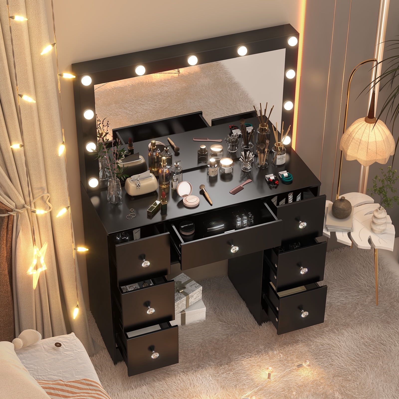 Yamissi Vanity with Mirror and Lights Makeup Vanity Desk with 7 Drawers & 11 LED Bulbs Dressing Table for Bedroom, Black