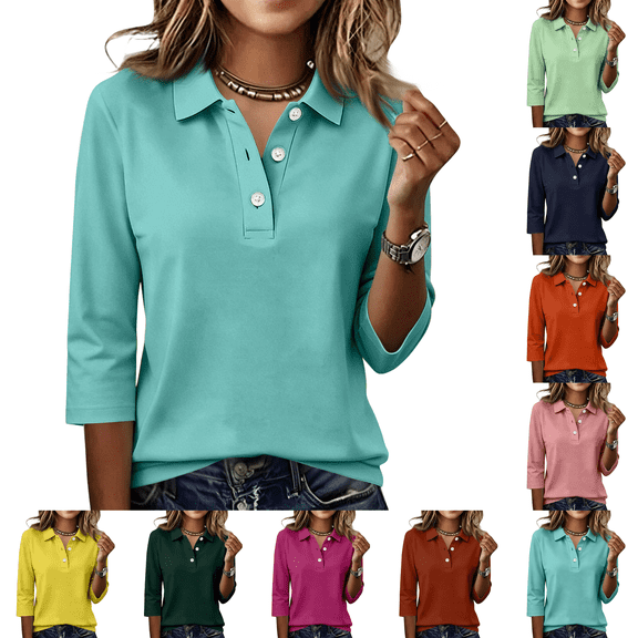 3/4 Sleeve Tops for Women Dressy Casual Collared Button Polo Golf Shirts Lightweight Athletic Blouses