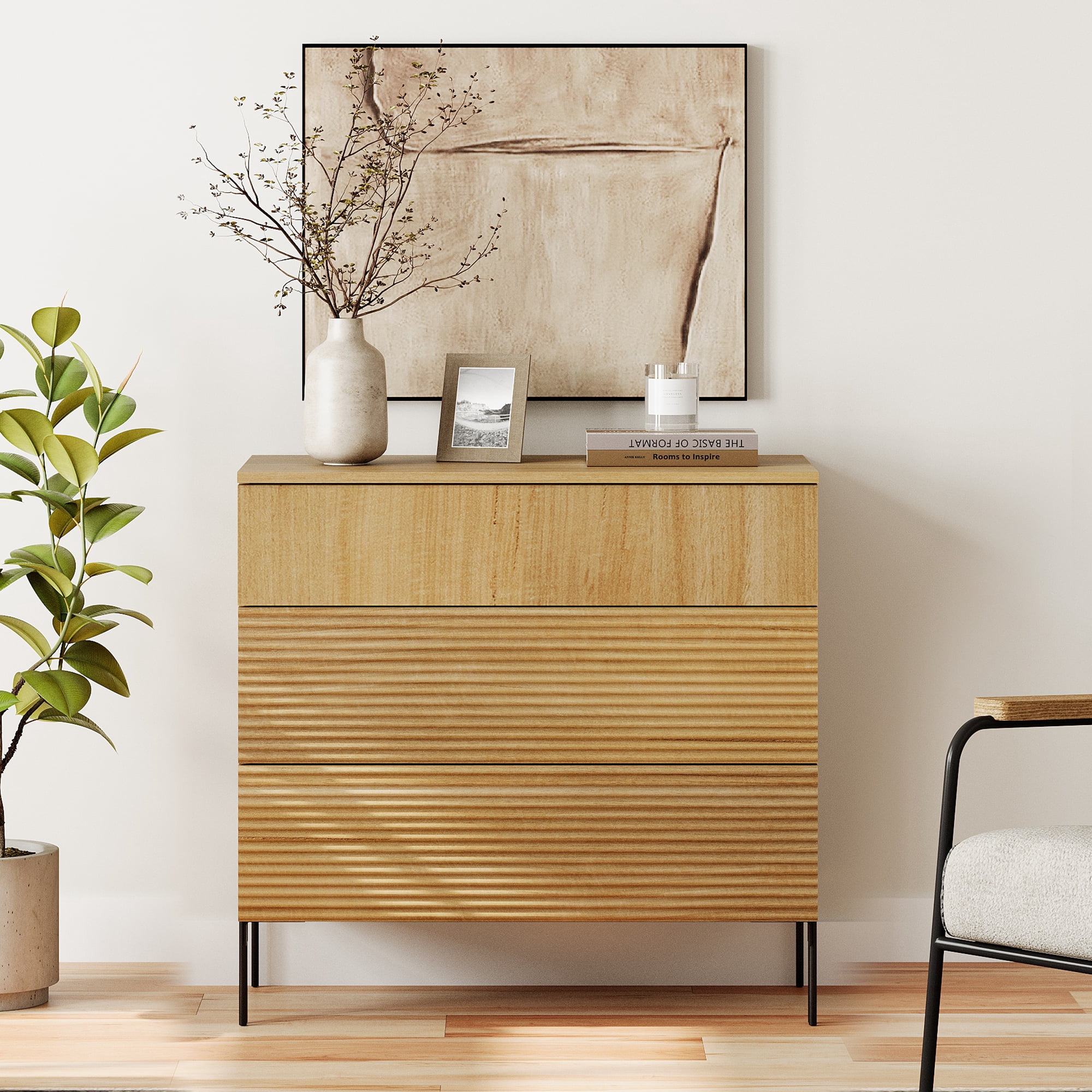 31.5" Wood Accent Chest with Drawers, Modern Credenza Storage Cabinet with Reeded Design for Living Room, Kitchen, Dining Room, Hallway