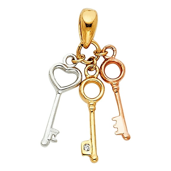 Ioka-14K Tri Color Gold Key to My 3 Triple Variety Key Charm Pendant For Necklace or Chain