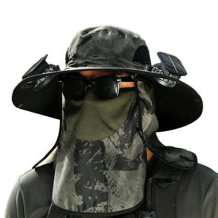 AQGT Solar Fan Hat with Neck Flap Face Guard Wide Brim UV Cooling Fan Fishing Hat Rechargeable Foldable Men Outdoor Fisherman Hiking Sun Hat