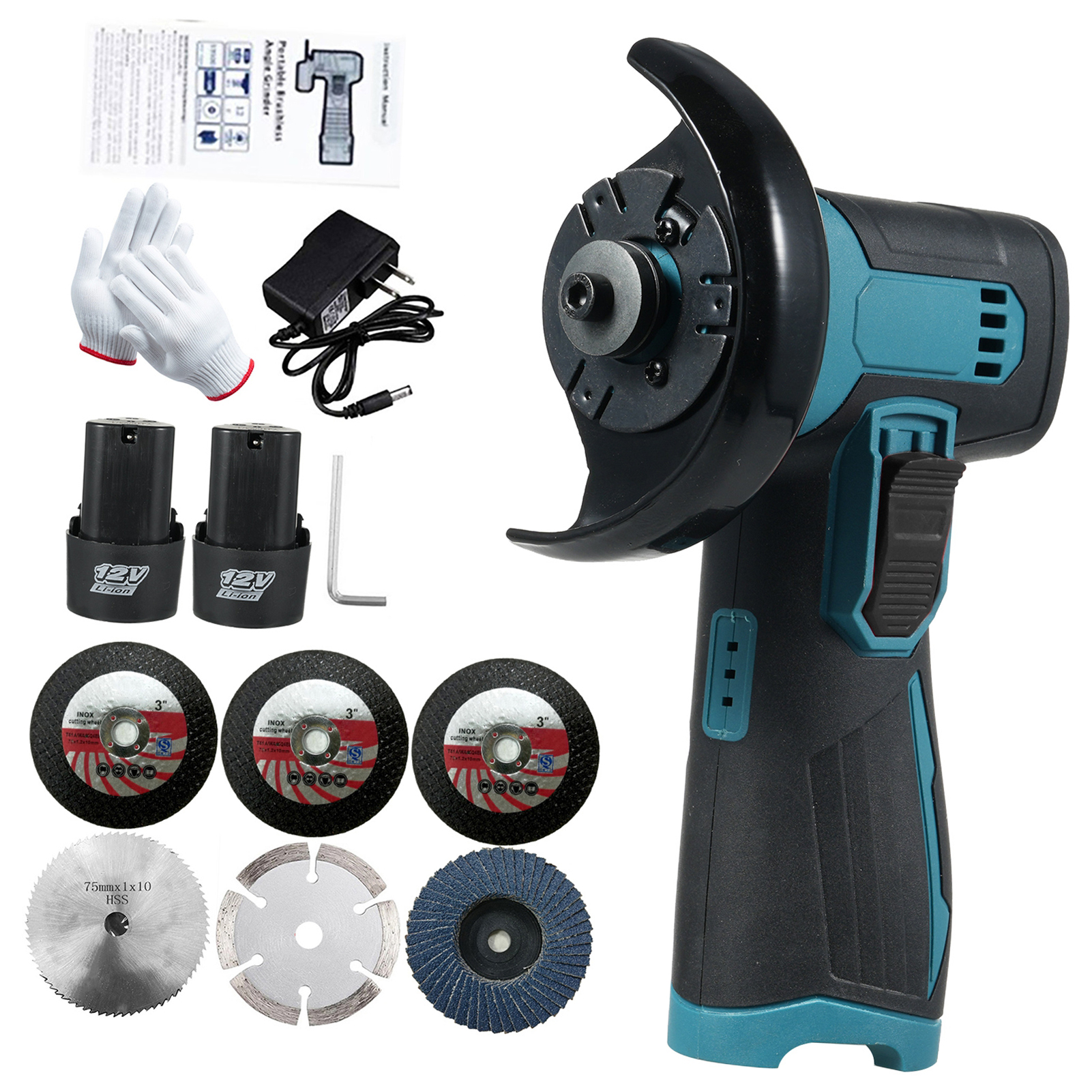 12V Angle Grinder Machine 12V Cordless Brush Angle Grinder Kit, Ginding Disc 3 Inch/76mm, Lightweight Angle Grinder Tool W/ 2PCS 1300mAh Lithium-Ion Battery & Charger, Ergonomic Button Position