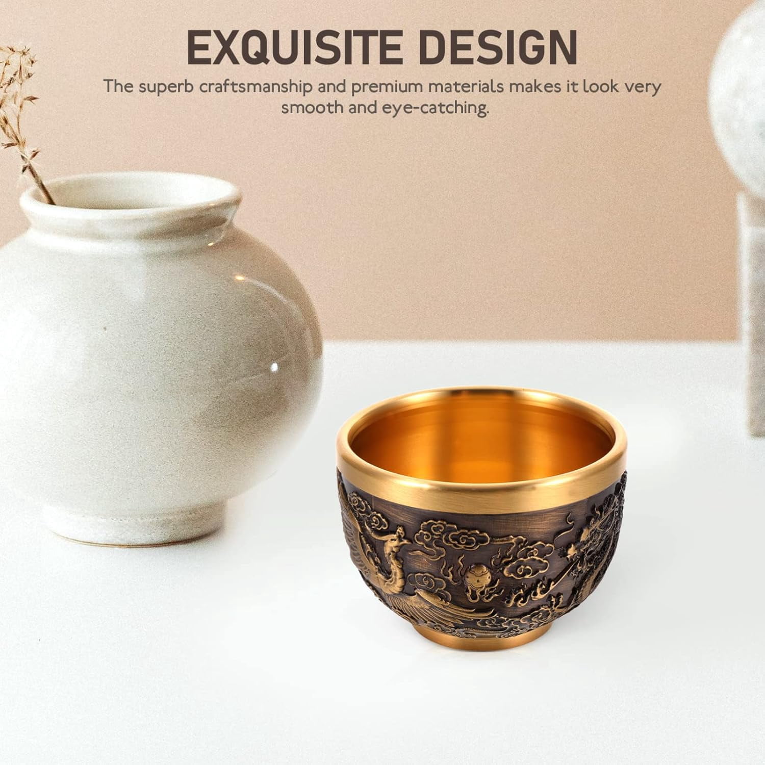 Kung Fu Teacups Chinese Copper Tea Cup Vintage Dragon Pattern Tea Tasting Cup Embossed Traditional Tea Mugs Japanese Sake Cup for Coffee Tea Espresso