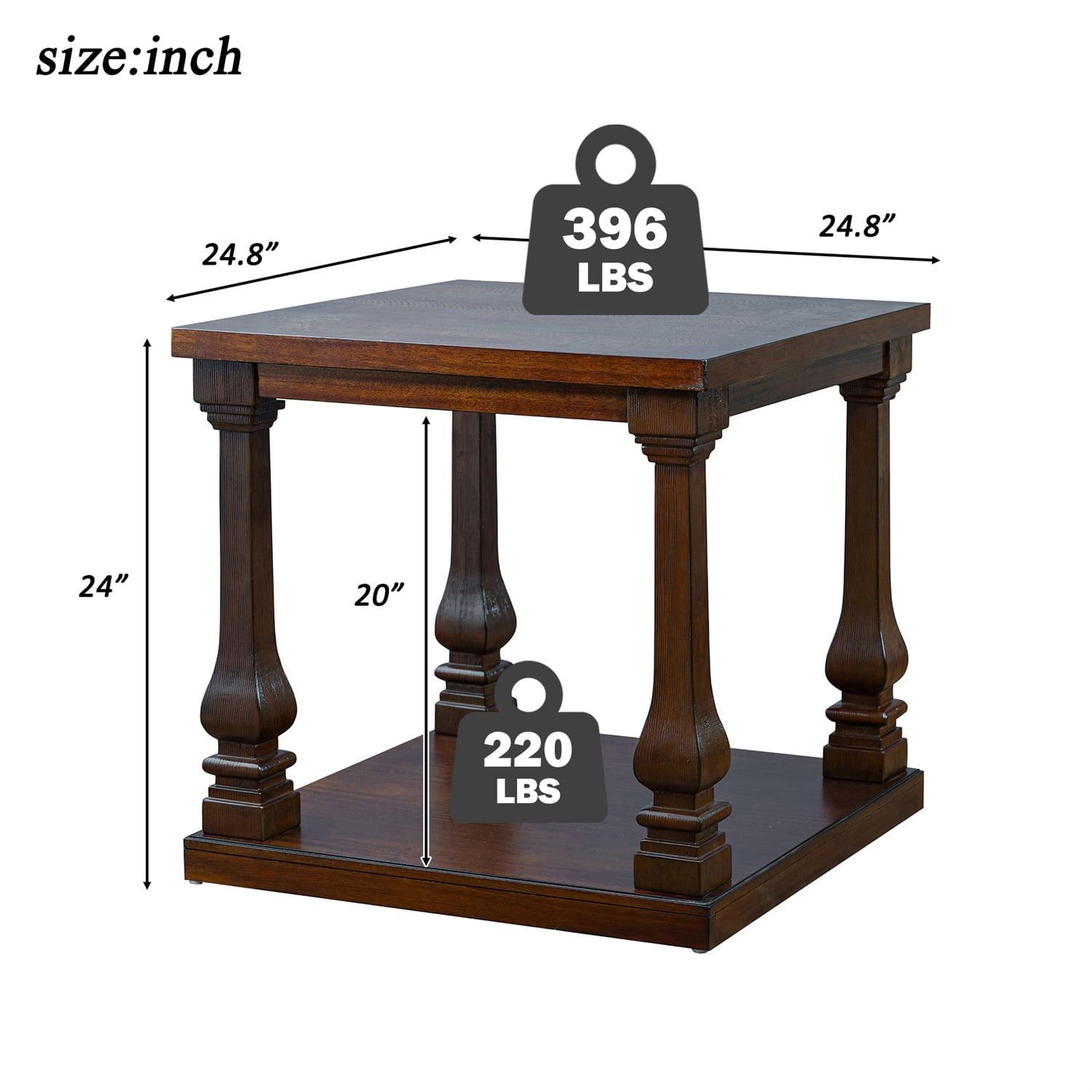 Hommoo 24.8" Farmhouse Wood End Table with Storage Shelf, Vintage 2-Tier Square Nightstand for Living Room, Bedroom & Entryway, Walnut