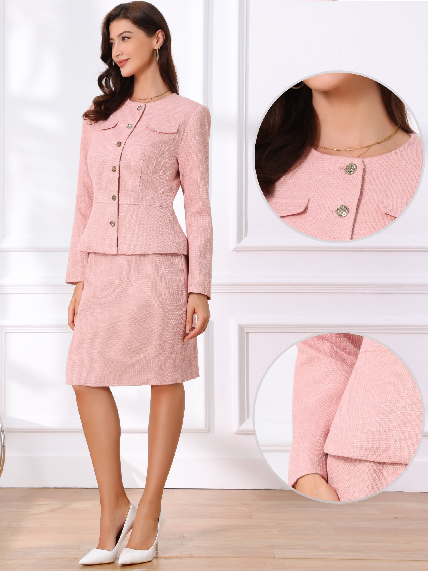 DARING DIVA 2Pcs Women's Tweed Peplum Collarless Blazer Jacket Skirt Set XS Pink