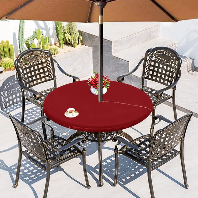 HAHDAXIA Nappe Ronde d'Extérieur avec Trou pour Parasol - Housse de Table Ajustée en Vinyle Imperméable et Résistante aux Taches avec Endos en Flanelle, Bord Élastique, Convient aux Tables jusqu'à 36 Pouces-44 Pouces de Diamètre, Re