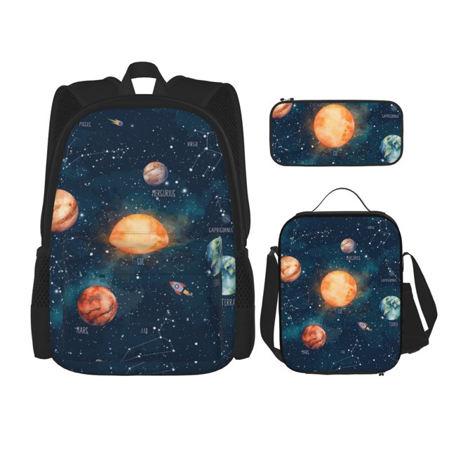 Disketp Solar System And Planets Mochila Estampada de Gran Capacidad con Lonchera y Estuche, Set de 3 Piezas para Estudiantes
