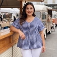 thumbnail image 3 of Agnes Orinda Women's Plus Size Gingham Tops Plaid Peplum Button Decor V Neck Short Sleeve Casual Babydoll Blouse 2X Blue, 3 of 8