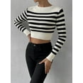 thumbnail image 4 of Women'S Striped Long Sleeve Crop Top Ribbed Knit Crewneck Fitted Casual Tee Tops White S, 4 of 10