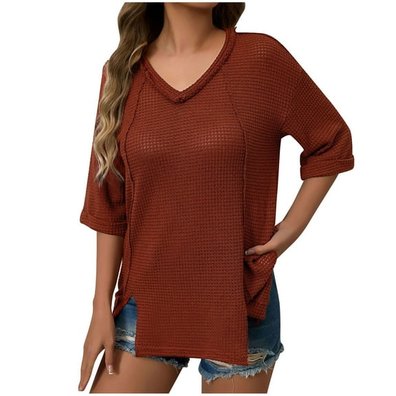 Youyipin Womens Tops Spring Fashion Waffle Knit Shirts Rolled Short Sleeve V Neck Summer Tops Dressy Casual Trendy Split Front Tunic Spring Tops For Women