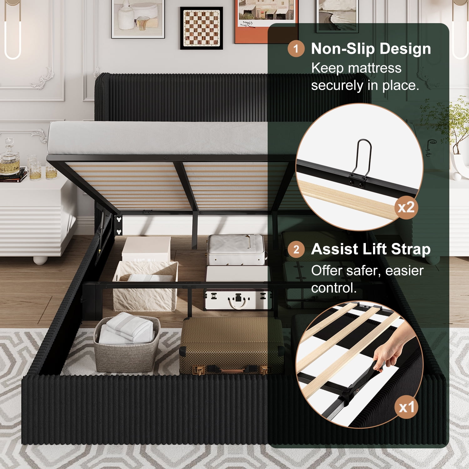 Amolife King size Hydraulic Lift Storage Bed Frame with Wingback Headboard, Corduroy Upholstery, Black