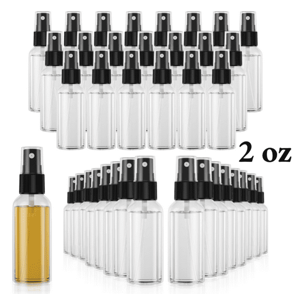 30 Pack 2 oz Fine Mist Mini Clear Spray Bottles for Essential Oils, Travel, Perfumes - Refillable & Reusable Empty Plastic Bottles Travel Bottle with Pump Spray Cap