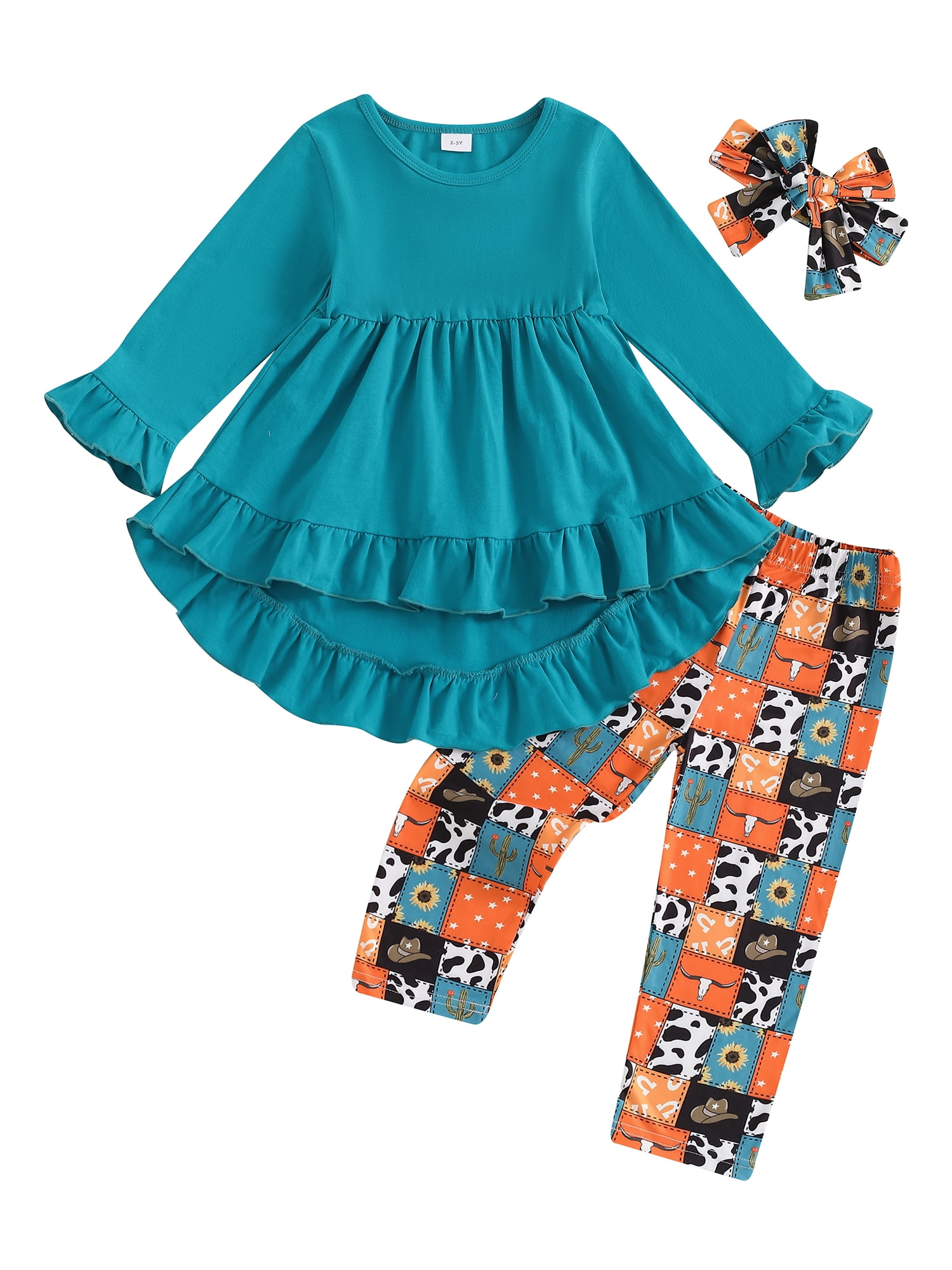 FOCUSNORM Toddler Baby Girls Cowgirl Clothes Set Ruffled Trim Long Sleeve Tops Long Pants Headband Fall Spring Outfits