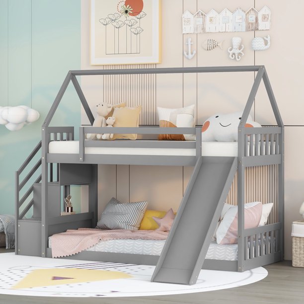 Bunk Bed with Slide and Stairs, Low House Loft Bunk Bed Twin Over Twin
