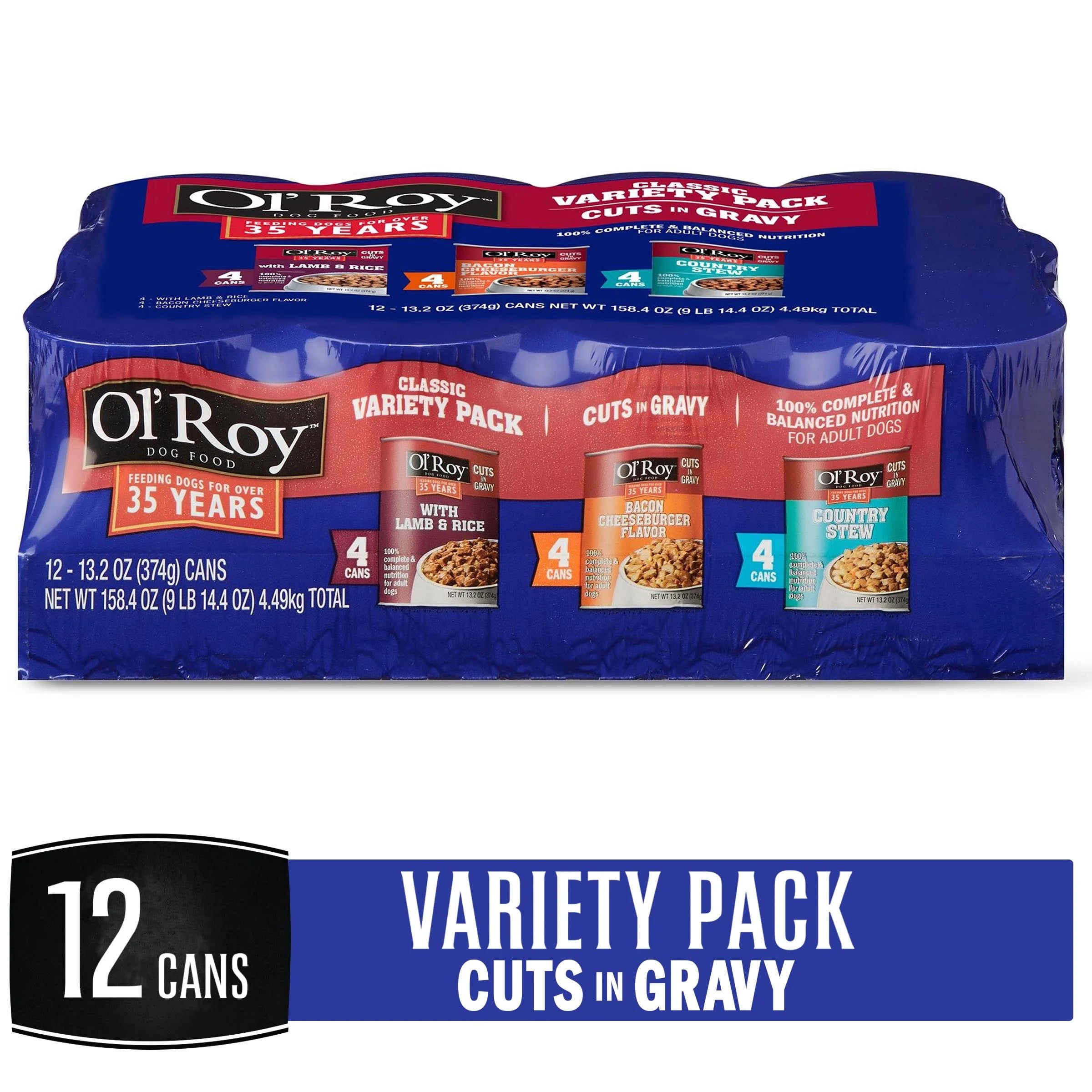 Ol' Roy Cuts in Gravy Wet Dog Food Variety Pack, Lamb & Rice, Bacon Cheeseburger and Packry Stew, 13.2 oz, 12 Pack