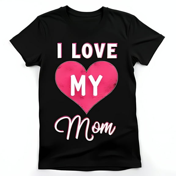 Black T-Shirt with Pink Heart Design I LOVE MY MOM Graphic Tee
