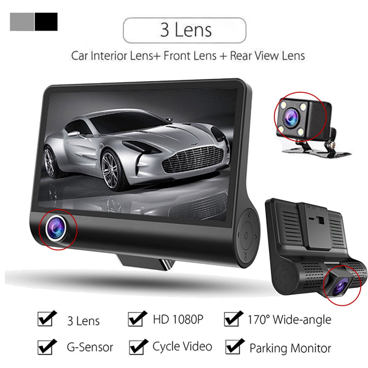4"1080P Dual Lens Car Dash Cam Front and Rear Camera DVR Recorder Video 170°
