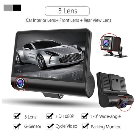 Fhd 1080p Night Vision 360 3 Lens Dual Dash Wdr Cam Car Vehicle Dashboard Camera Dvr Recorder Front Rear And Interior Cameras Driving Recorder 4 0
