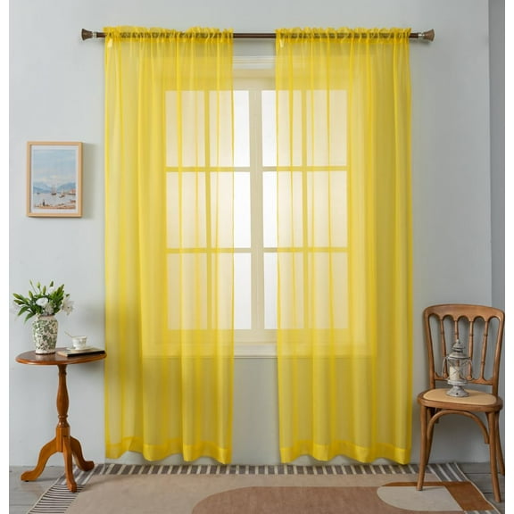 Sheer Voile Curtains 58x84 inches 2 Panels Set Rod Pocket Design for Living Room Bedroom Kitchen Room Fully Stitched Hemmed Yellow