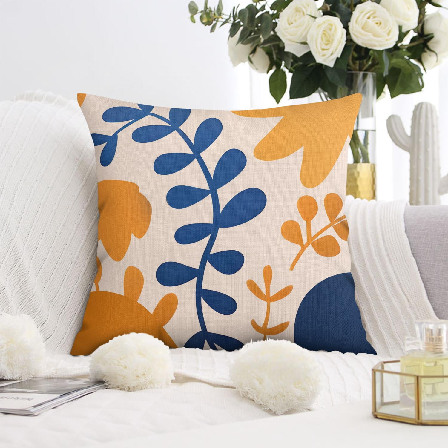 Blue Yellow Leaves Farmhouse Decor Throw Pillow Covers 16 X 16 Inch, Set Of 4, Linen Study Sofa Cushion Cover Indoor Living Room Home Decor