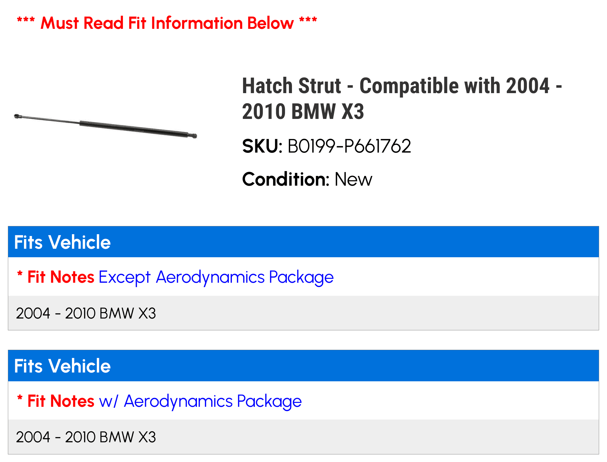 Hatch Strut - Compatible with 2004 - 2010 BMW X3 2005 2006 2007 2008 2009