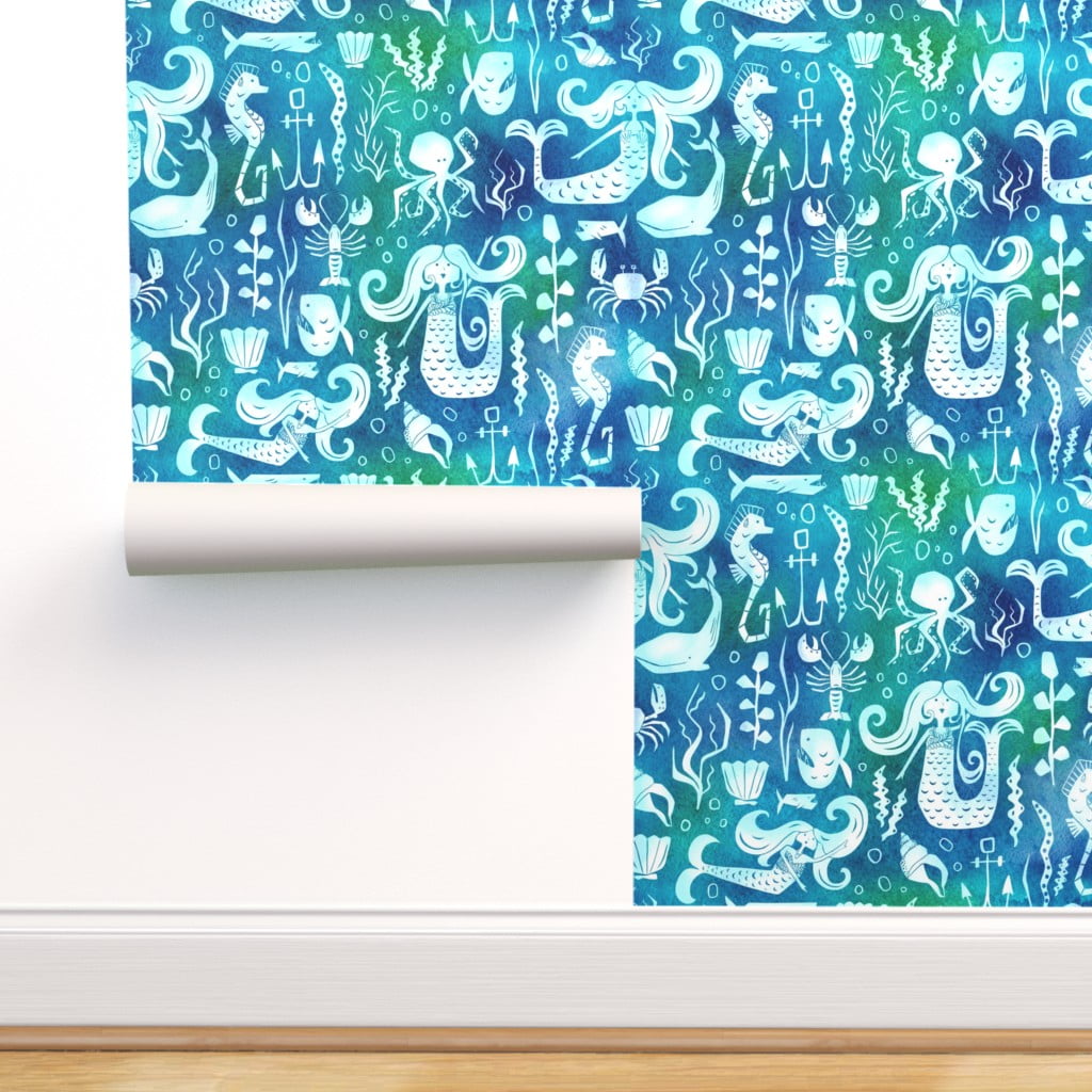 Peel & Stick Wallpaper Swatch - Sea Nautical Mermaid Watercolor Blue