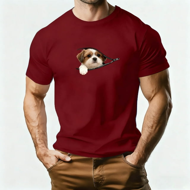 T-shirt de Base pour Homme Kaluayu Été, Imprimé Graphique Animal Chiot, Col Rond, Manches Courtes, Coupe Ample