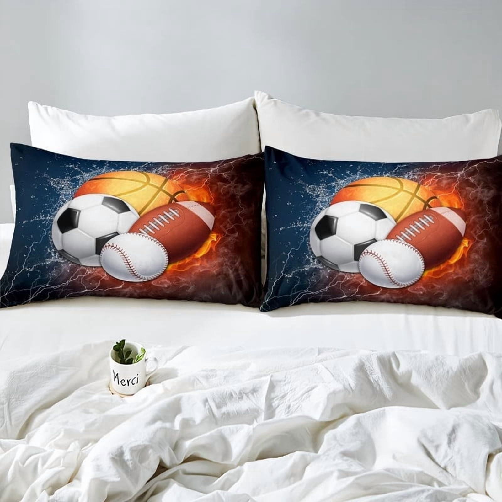 Basketball & Football Bedding Set for Boys Teens - 3 Piece Twin Comforter Cover with 2 Pillowcases, Sporty Duvet Cover for Kids, Boys Room Decor