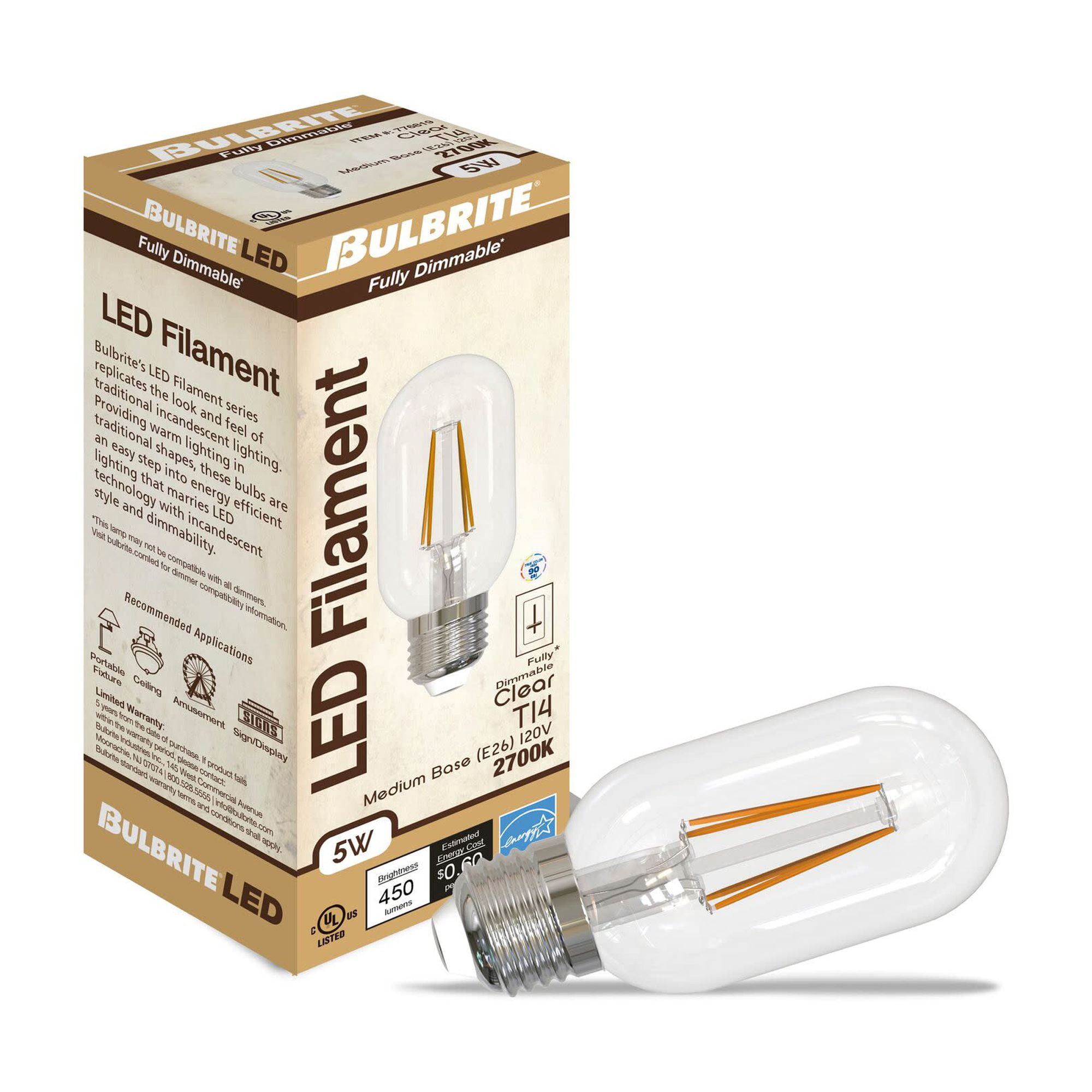 Bulbrite  Pack of (4) 5 Watt Dimmable Clear Filament T14 Medium (E26) LED Bulb - 450 Lumens, 2700K, and 90 CRI