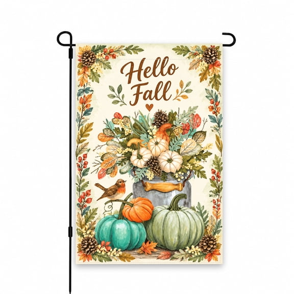 Hello Fall Garden Flag 12x18 Inch - Autumn Pumpkins, Harvest Leaves & Bird Design for Seasonal Yard, Lawn, Patio, Porch Decor, Outdoor Display