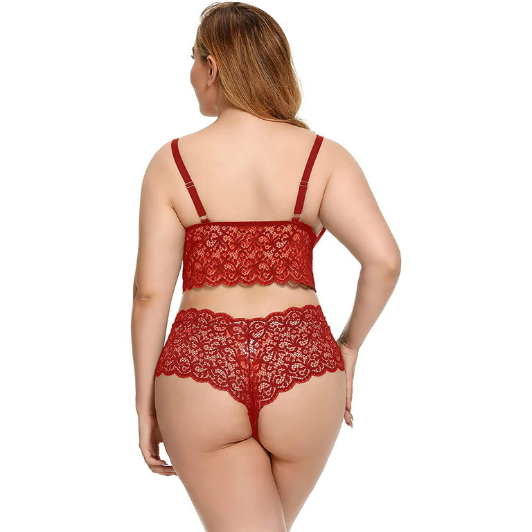 Plus Size 2 Piece Lingerie for Women, Strappy Bra and Panty
